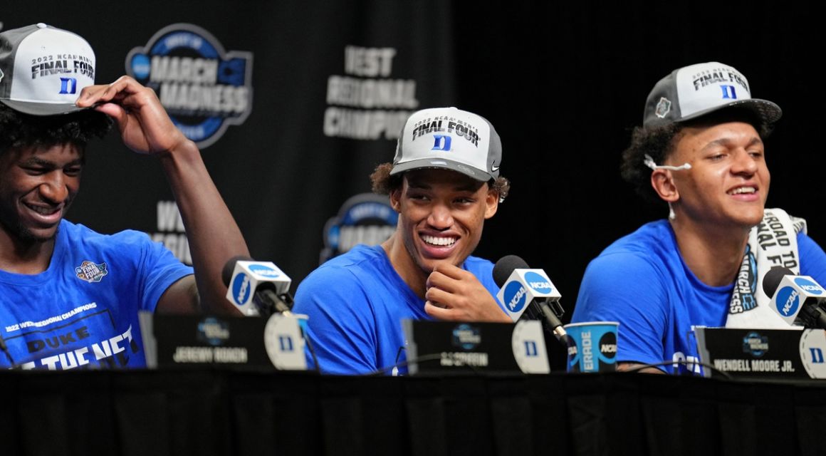 Duke Blue Devils forward AJ Griffin, Wendell Moore, Paolo Banchero (right) speak to media at a press conference. Mandatory Credit: Kelley L Cox-USA TODAY Sports