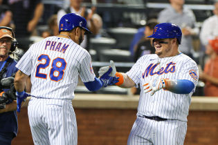 New York Mets designated hitter Daniel Vogelbach (32) celebrates with left fielder Tommy Pham (28) after hitting a two run home run during the sixth inning against the Milwaukee Brewers at Citi Field.