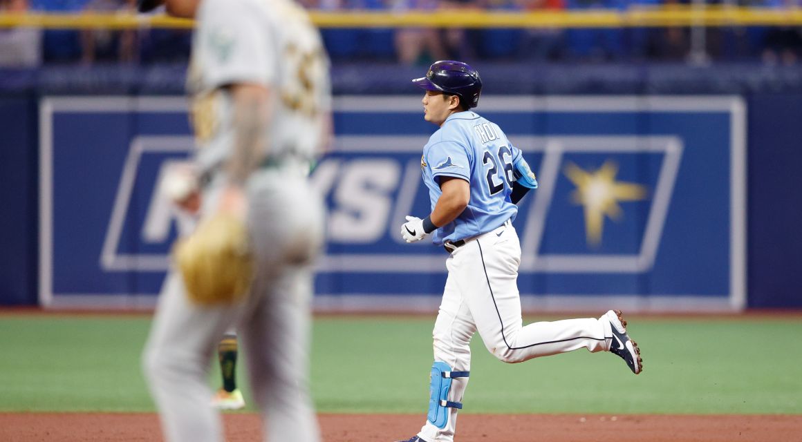 Tampa Bay Rays first baseman Ji-Man Choi (26) runs the bases after hitting a three run home run against the Oakland Athletics in the second inning at Tropicana Field. Mandatory Credit: Nathan Ray Seebeck-USA TODAY Sports