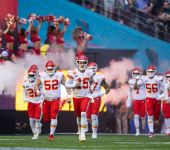 Kansas City Chiefs quarterback Patrick Mahomes (15) and teammates enter the field prior to the game against the Philadelphia Eagles during Super Bowl LVII at State Farm Stadium.