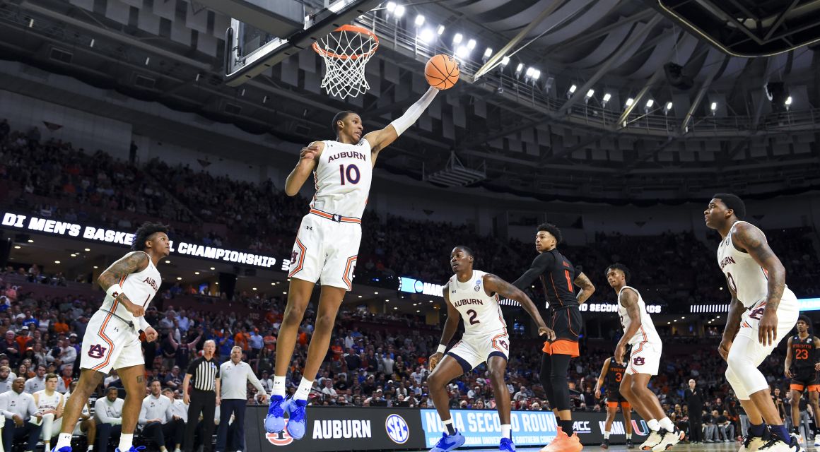 Auburn Tigers forward Jabari Smith (10) plays the ball against the Miami (Fl) Hurricanes in the first half during the second round of the 2022 NCAA Tournament at Bon Secours Wellness Arena. Mandatory Credit: Bob Donnan-USA TODAY Sports.