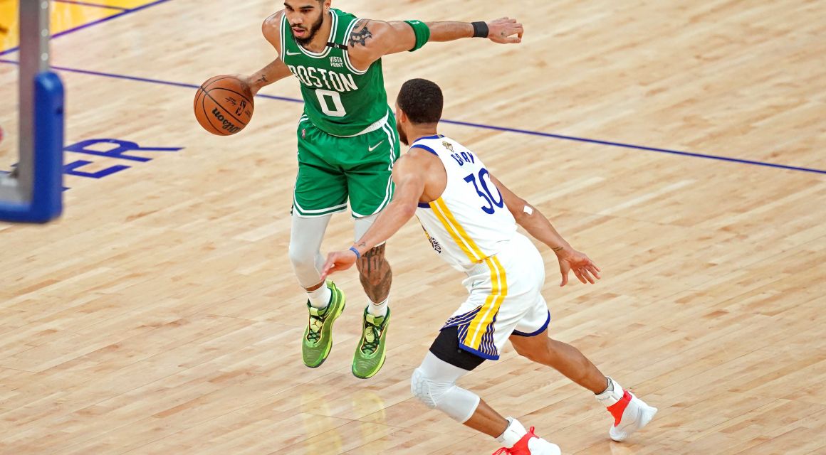 Boston Celtics forward Jayson Tatum (0) drives to the basket against Golden State Warriors guard Stephen Curry (30) during the second quarter during game two of the 2022 NBA Finals at Chase Center. Mandatory Credit: Cary Edmondson-USA TODAY Sports.