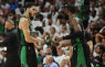 Boston Celtics forward Jayson Tatum (0) celebrates with guard Jaylen Brown (7) during the fourth quarter of game five of the 2022 eastern conference finals against the Miami Heat at FTX Arena. Mandatory Credit: Jim Rassol-USA TODAY Sports.