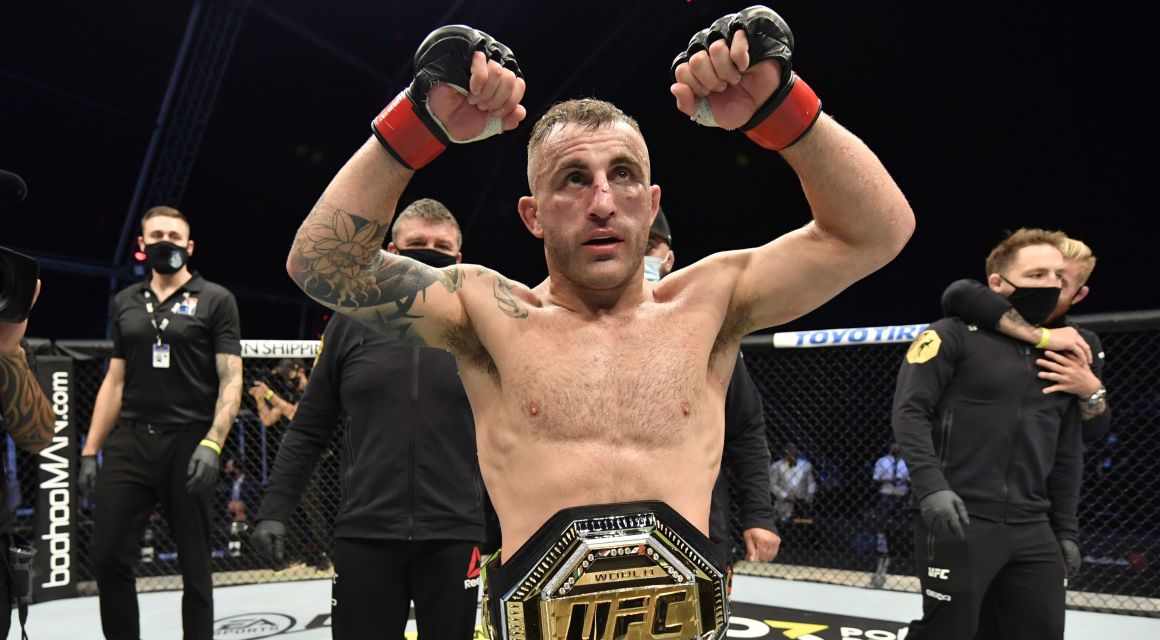 Alexander Volkanovski celebrates after his split-decision victory in the UFC featherweight championship fight during the UFC 251 event on July 12. / Handout Photo-USA TODAY Sports