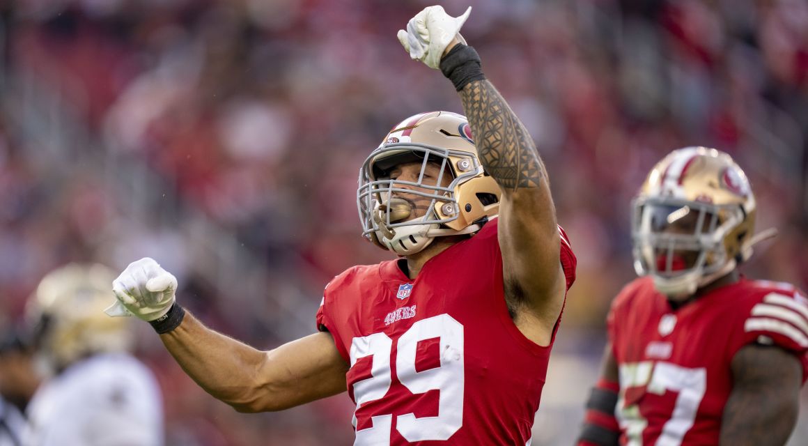 San Francisco 49ers safety Talanoa Hufanga (29) celebrates a defensive stop against the New Orleans Saints during the third quarter at Levi's Stadium