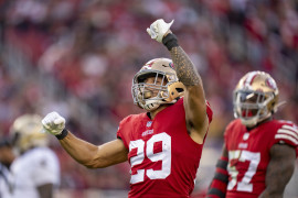 San Francisco 49ers safety Talanoa Hufanga (29) celebrates a defensive stop against the New Orleans Saints during the third quarter at Levi's Stadium
