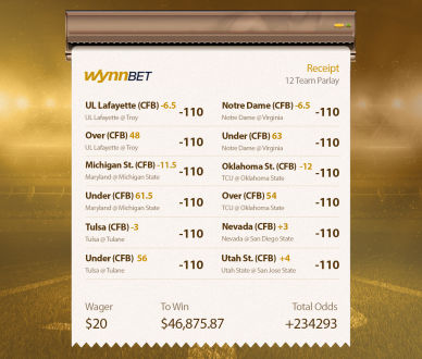 WynnBET player in Tennessee hits a 12-leg parlay for 47k on a $20 bet!