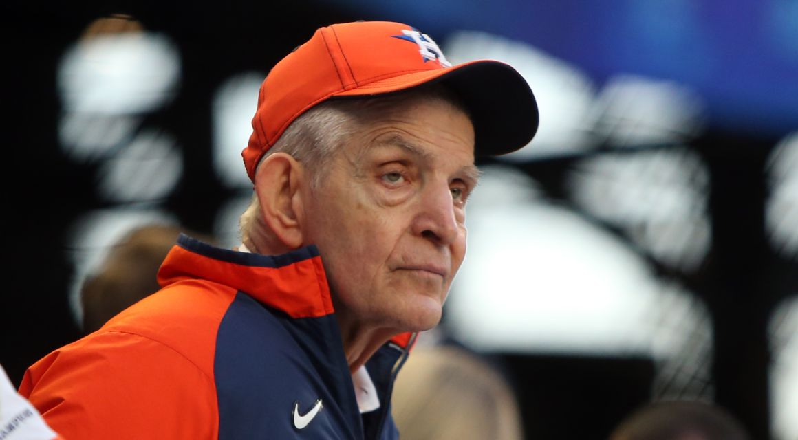 Houston Astros fan Jim \"Mattress Mack\" McIngvale watches batting practice prior to game five of the 2021 World Series against the Atlanta Braves