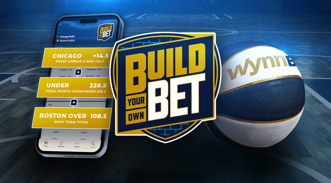 Image of a basketball and phone next to the Build Your Own Bet shield.