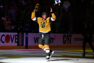 Vegas Golden Knights center Jack Eichel (9) is named first star of the game after the Golden Knights defeated the Edmonton Oilers 4-3 in game five of the second round of the 2023 Stanley Cup Playoffs at T-Mobile Arena.