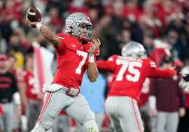 Ohio State Buckeyes quarterback C.J. Stroud throws a pass during the fourth quarter of the Rose Bowl against the Utah Utes in Pasadena, Calif. on Jan. 1, 2022. Syndication The Columbus Dispatch.