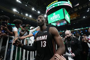 May 21, 2022; Boston, Massachusetts, USA; Miami Heat center Bam Adebayo (13) exits the court after defeating the Boston Celtics during game three of the 2022 eastern conference finals at TD Garden. Mandatory Credit: David Butler II-USA TODAY Sports
