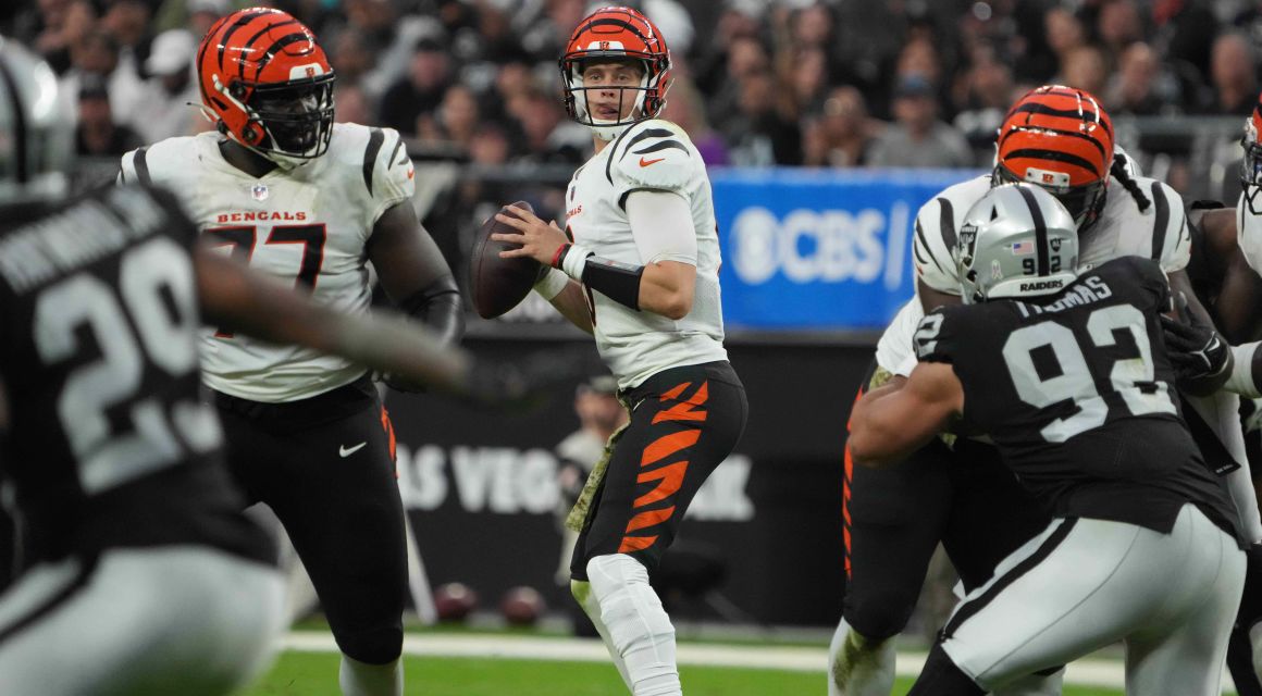 Bengals quarterback Joe Burrow (9) throws the ball against the Las Vegas Raiders in the second half at Allegiant Stadium. / Kirby Lee-USA TODAY Sports