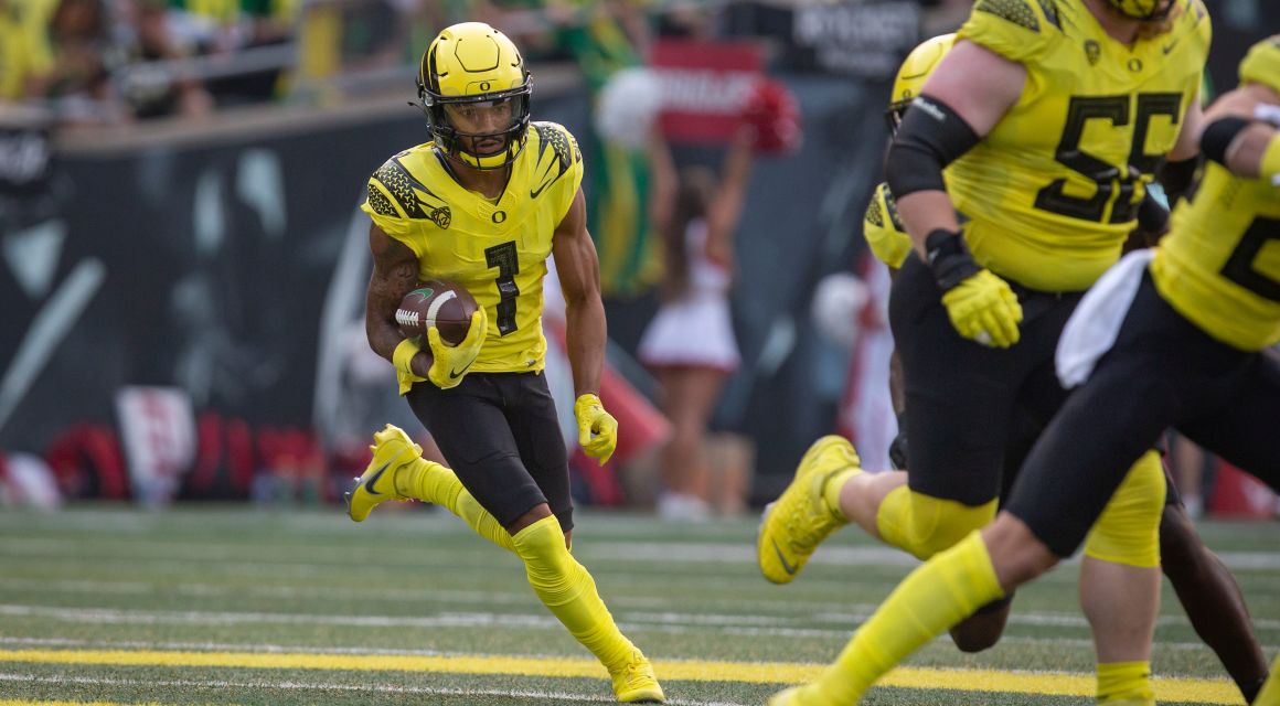 Oregon wide receiver Kris Hutson carries the ball for the Ducks during their home opener Saturday, Sept. 10, 2022, against Eastern Washington