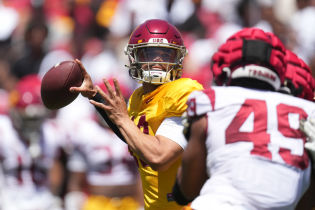 Southern California Trojans quarterback Caleb Williams (13) throws the ball during the spring game at the Los Angeles Memorial Coliseum. Mandatory Credit: Kirby Lee-USA TODAY Sports.
