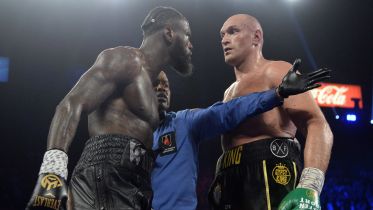 Feb 22, 2020; Las Vegas, NV; Deontay Wilder and Tyson Fury stare at one another during their WBC heavyweight title bout at MGM Grand Garden Arena. / © Joe Camporeale-USA TODAY Sports