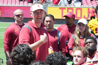 Southern California Trojans coach Lincoln Riley during the spring game at the Los Angeles Memorial Coliseum. Mandatory Credit: Kirby Lee-USA TODAY Sports.