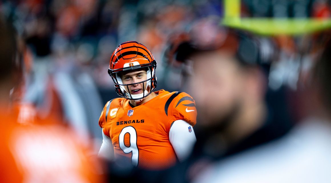 Bengals quarterback Joe Burrow (9) smiles while warming up before the NFL football game against the Jacksonville Jaguars on Sept. 30, 2021.