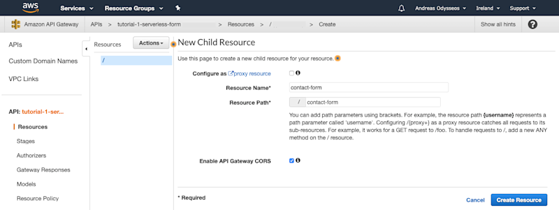 Create an API Gateway resource