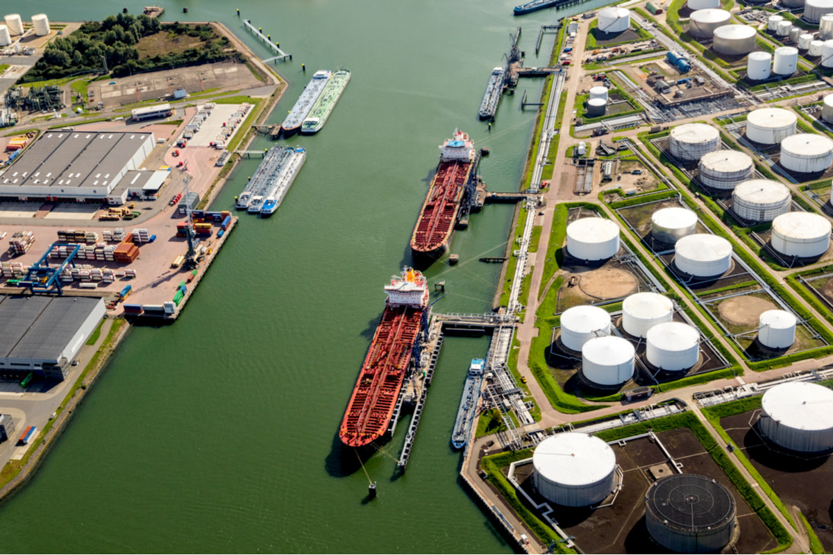 Aerial view of oil tankers at a oil storage terminal