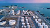 Aerial view oil terminal storage tank