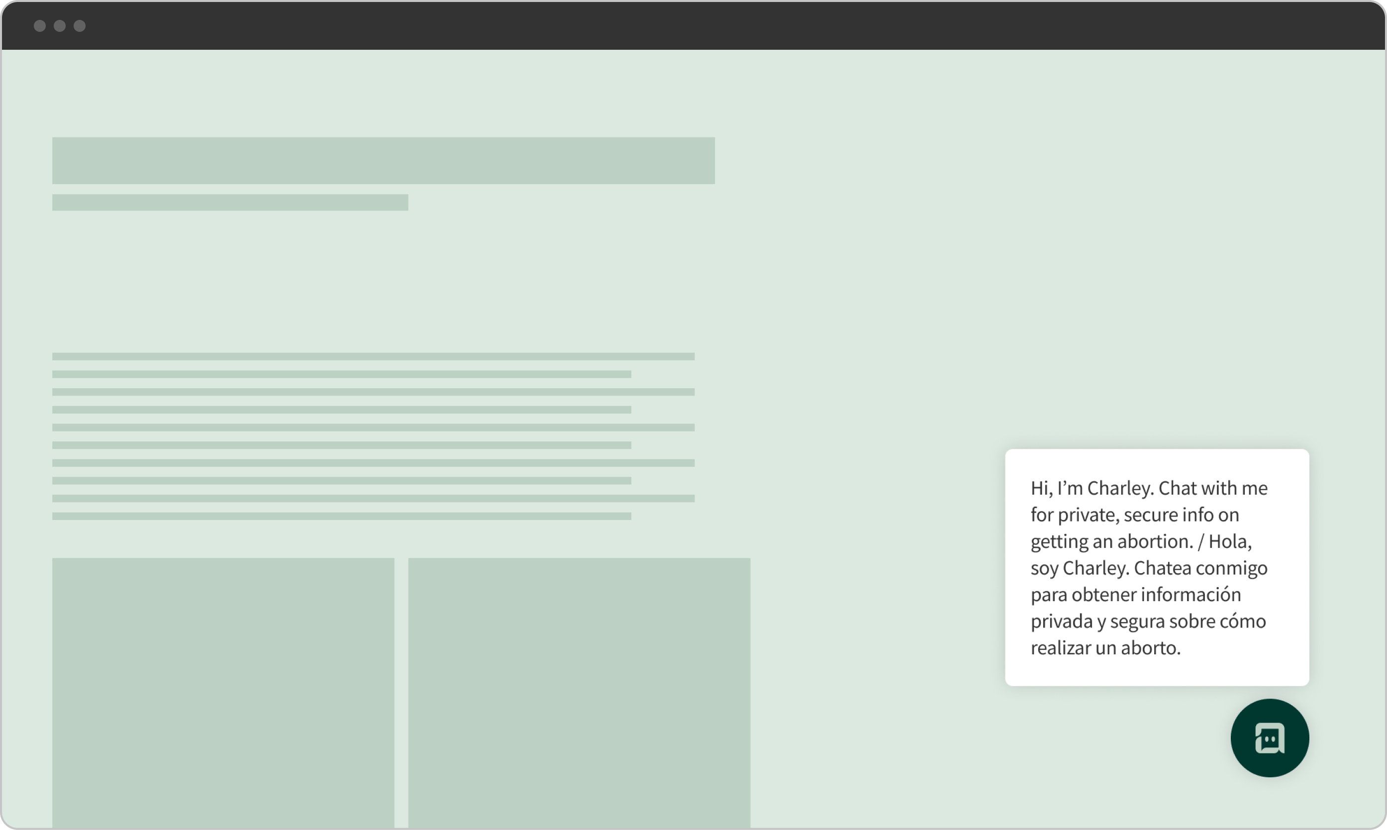 Image of empty webpage, showing potential Charley chatbot placement in the bottom right corner.