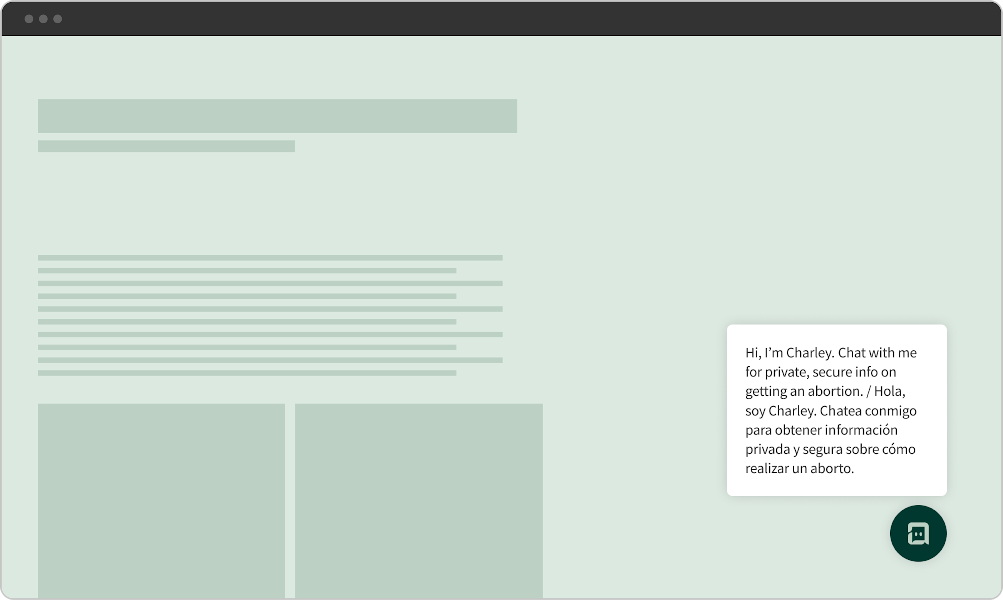 Image of empty webpage, showing potential Charley chatbot placement in the bottom right corner.