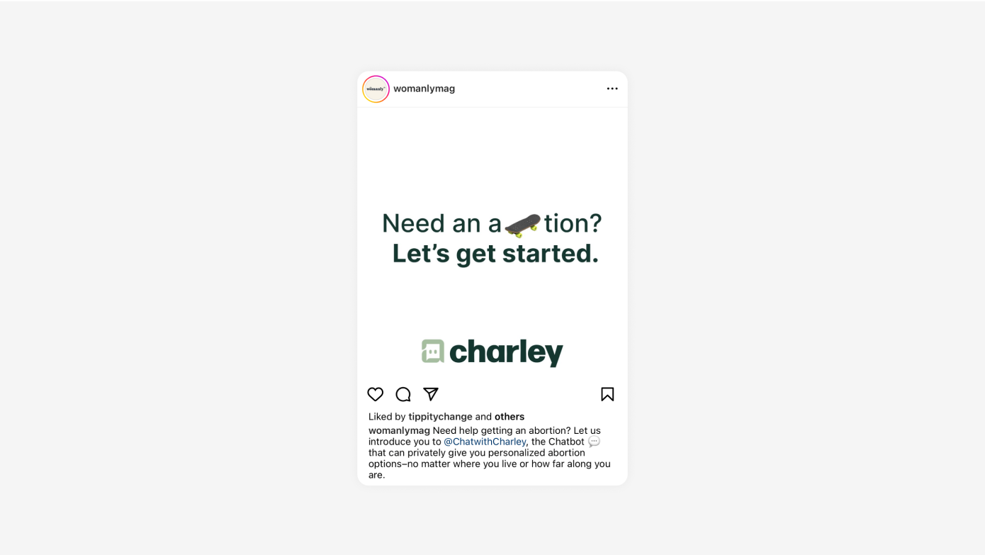 A joint Instagram post from Womanly Magazine and Charley, showing how to get started with the Charley chatbot.