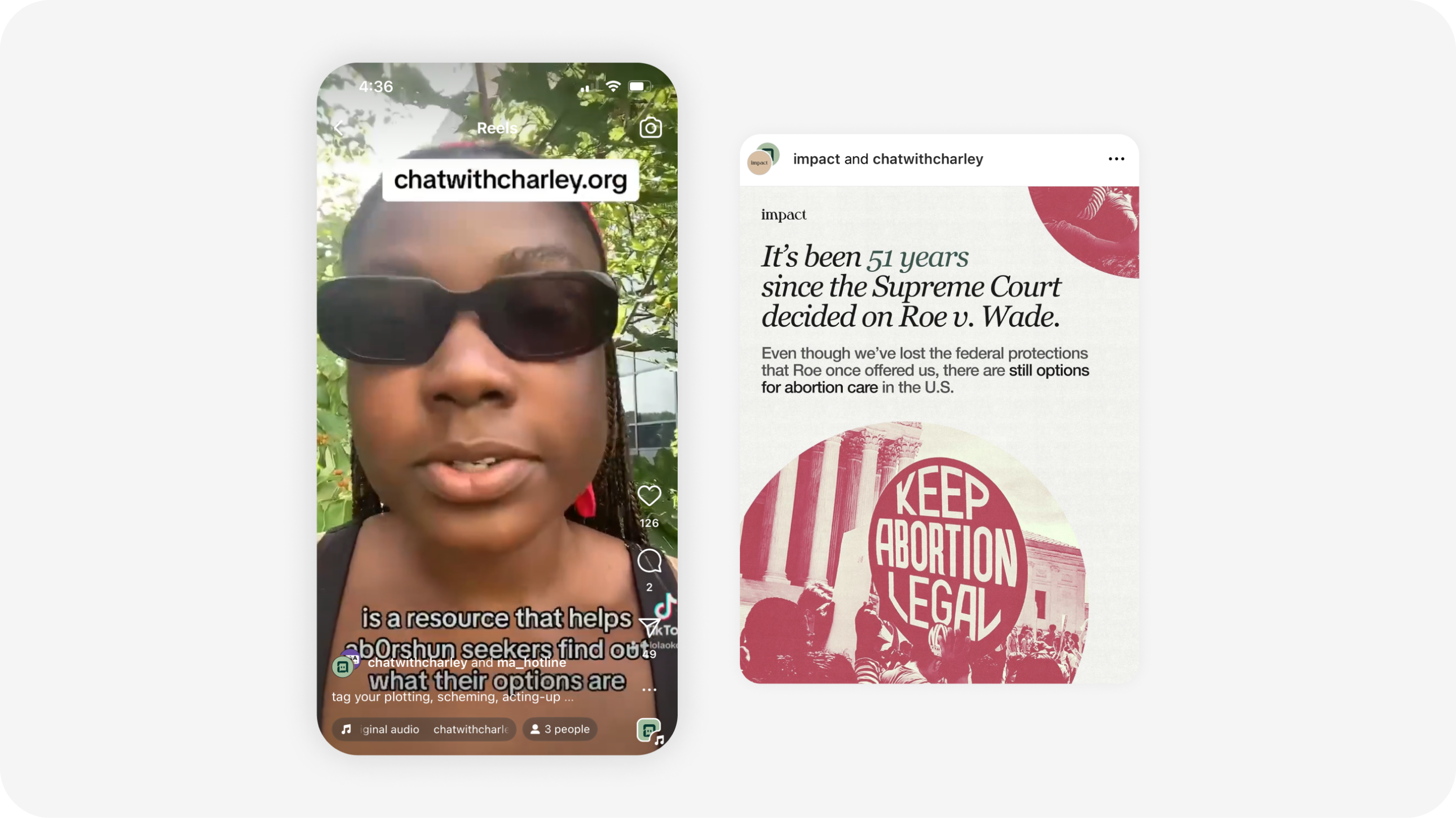 Two Instagram posts side by side from M&A Hotline and Impact respectively, showcasing their past collaborations with Charley.
