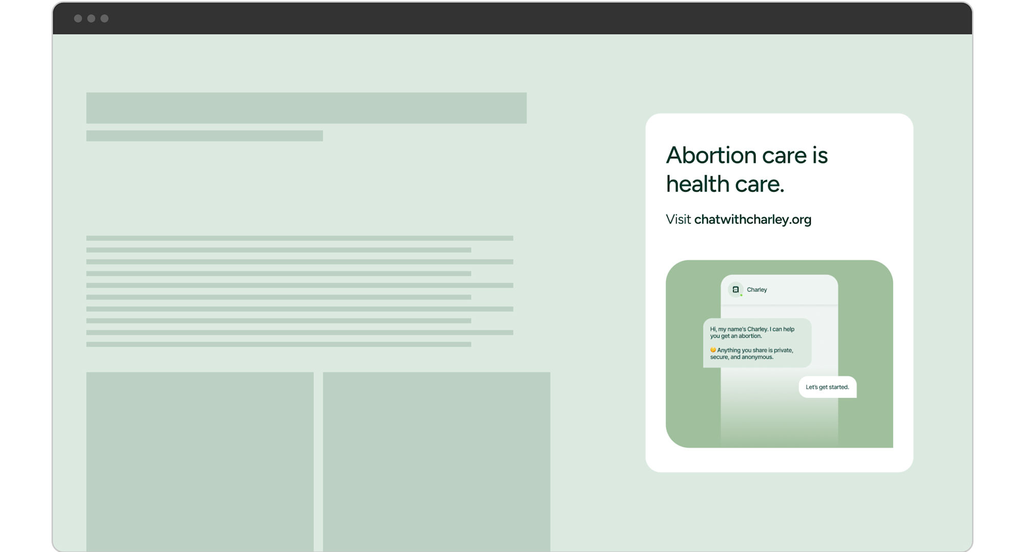 Image of empty webpage, showing potential placement of link out to chatwithcharley.org on the right side of the page.