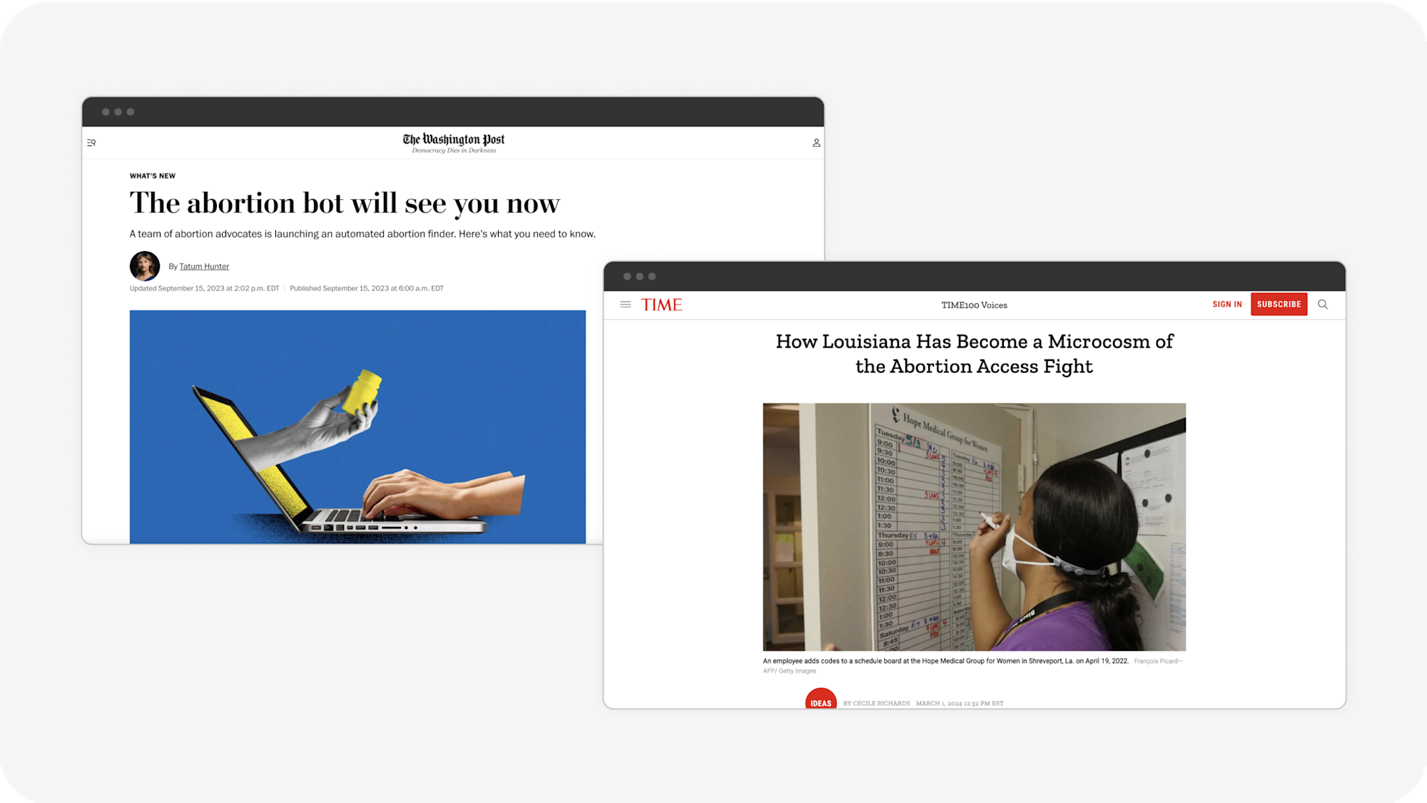 Two screenshots of headlines from Time and Washington Post website articles respectively about abortion access, featuring Charley.