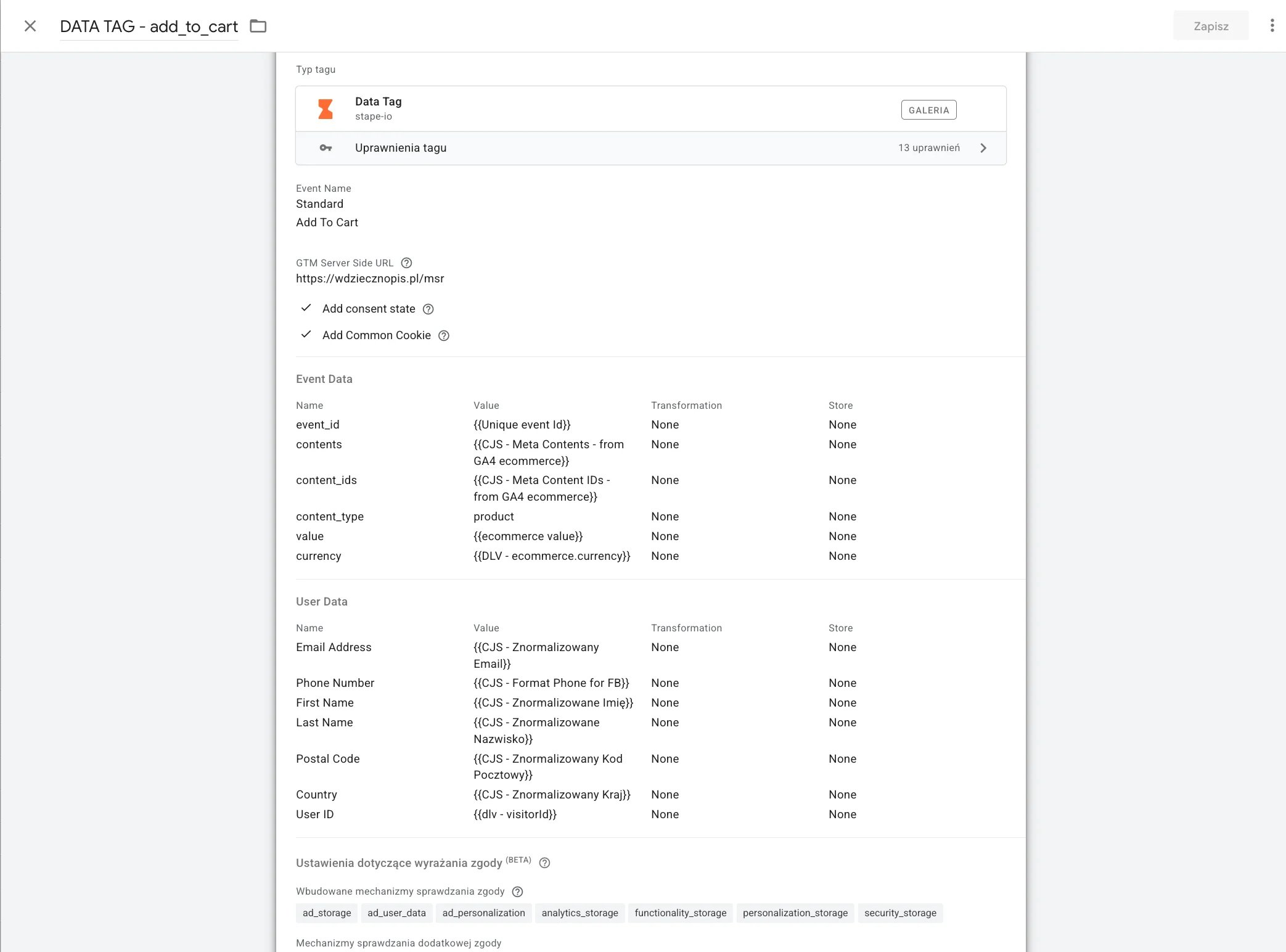 Obraz przedstawia konfigurację tagu typu 'Data Tag', który służy jako pomost przesyłający dane e-commerce z przeglądarki do kontenera Server-Side.