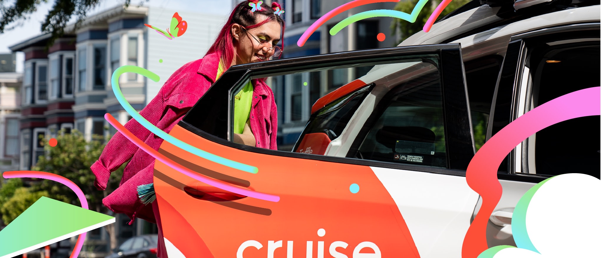 Smiling person entering Cruise driverless car with neon effects
