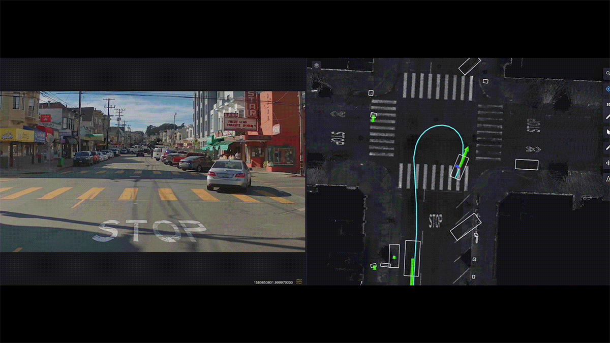 the In an animated gif of Webviz footage, a cyan-blue line shows that the model recognizes the vehicle in front of us is in the early stages of a U-turn.
