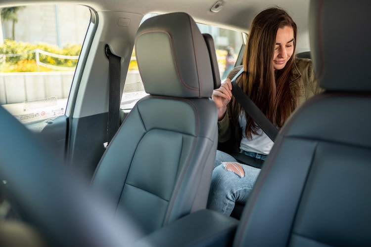 Cruise vehicle with passenger buckling seatbelt in back seat