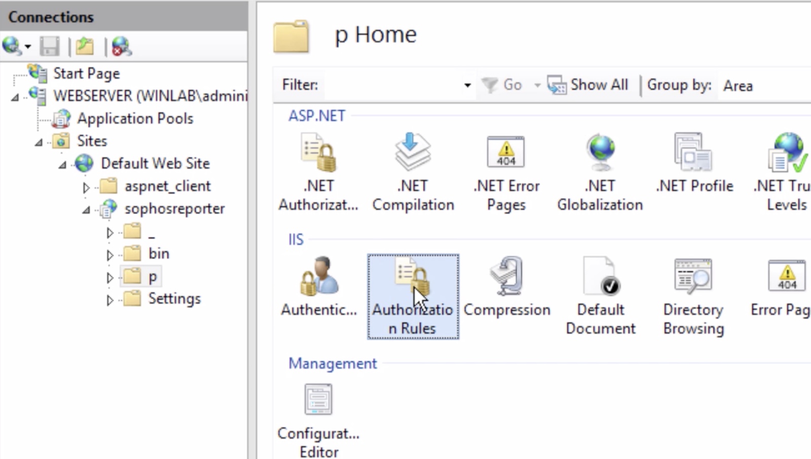 IIS Manager view displaying Authorization Rules for the Fastvue Reporter site, with a rule allowing the Fastvue Admins group.