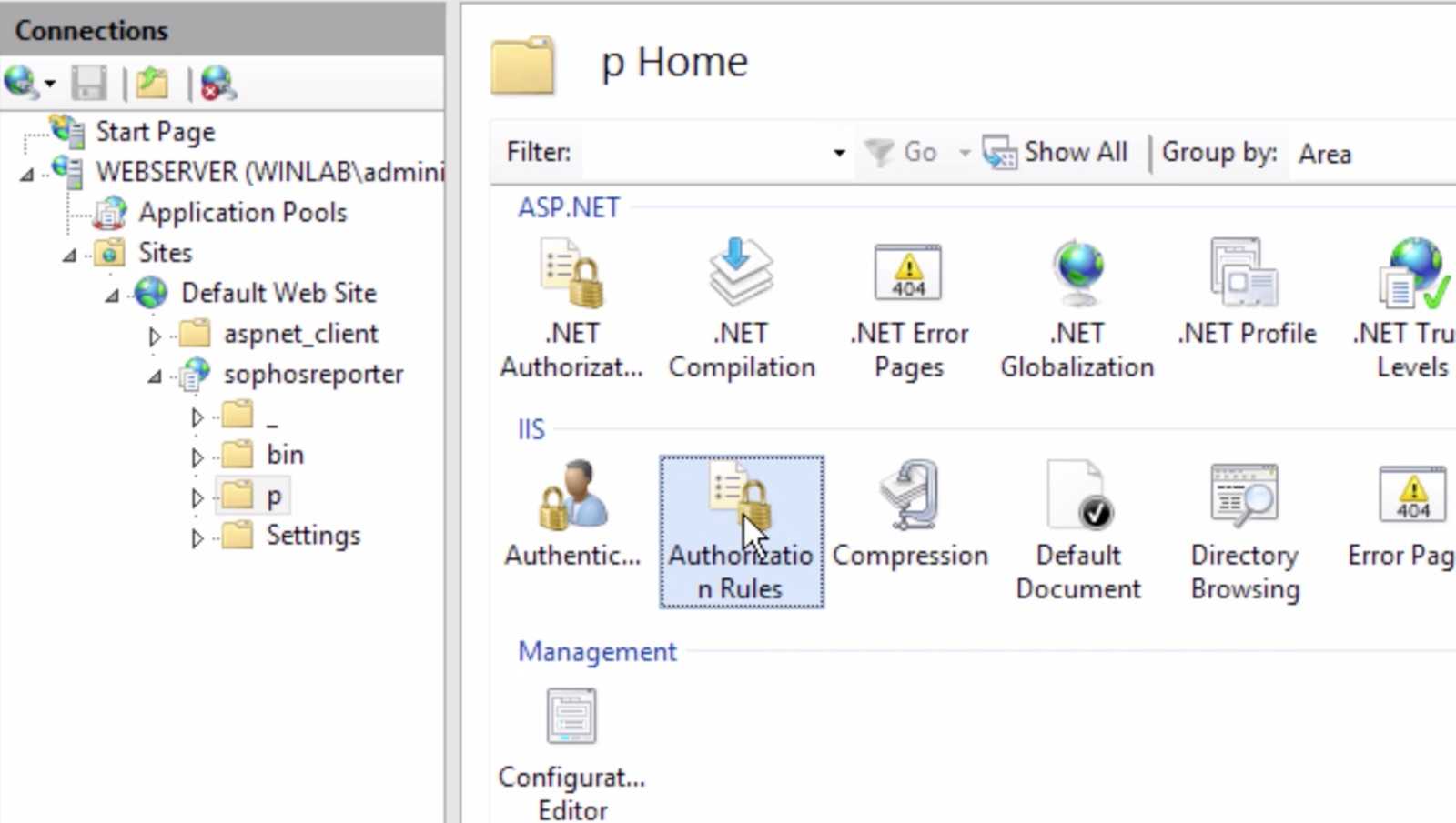 IIS Manager view displaying Authorization Rules for the Fastvue Reporter site, with a rule allowing the Fastvue Admins group. IIS Manager view displaying Authorization Rules for the Fastvue Reporter site, with a rule allowing the Fastvue Admins group.