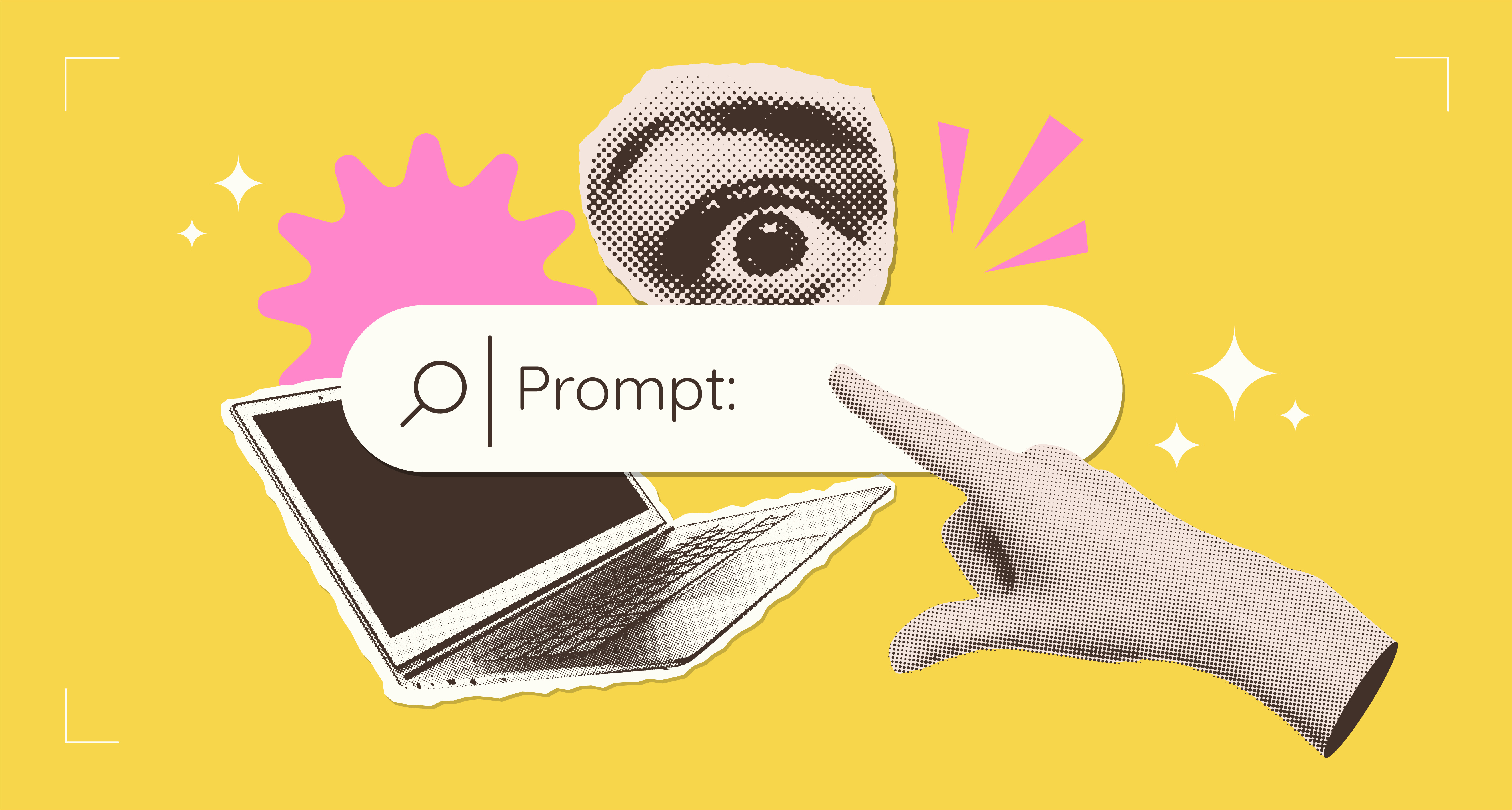 A black and white graphic of an eye, a laptop, and a prompt box with a finger pointing towards it on a bright yellow background