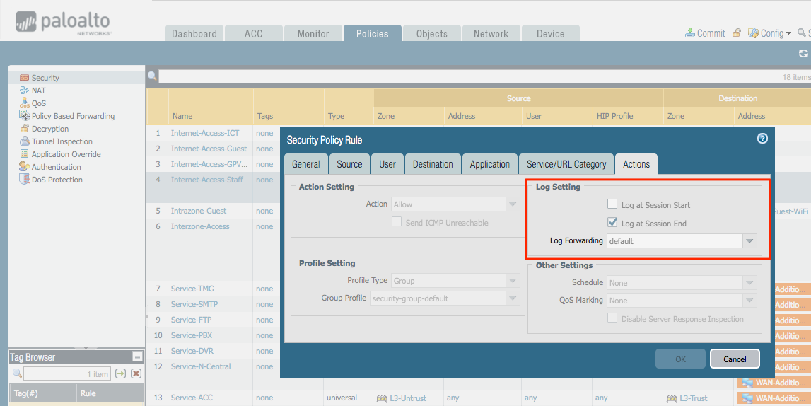 Using a log forwarding profile in Palo Alto firewall security rules
