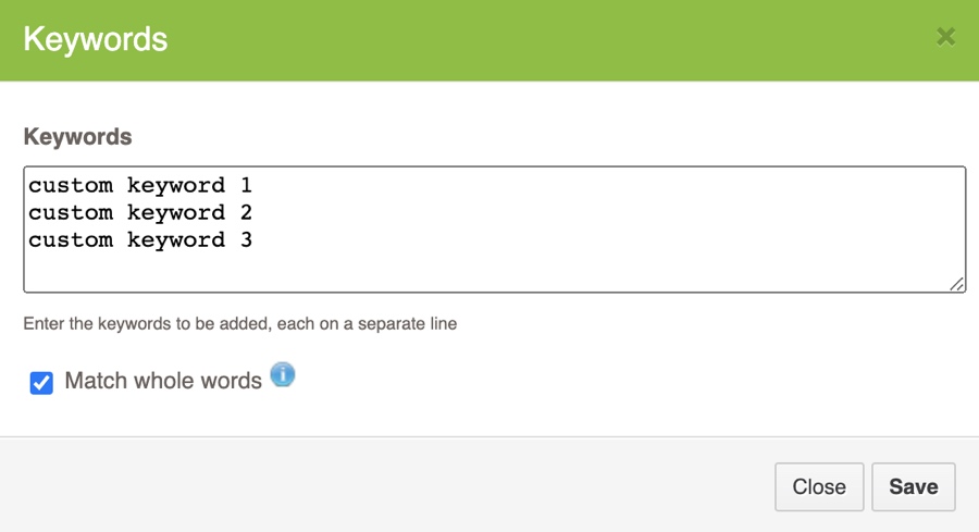Entry box for adding custom keywords in Fastvue