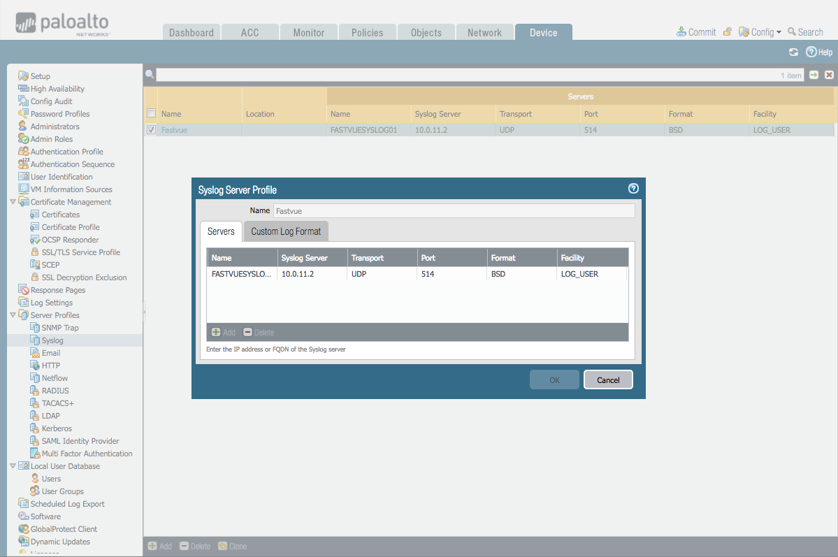 Palo Alto Syslog Server Profile