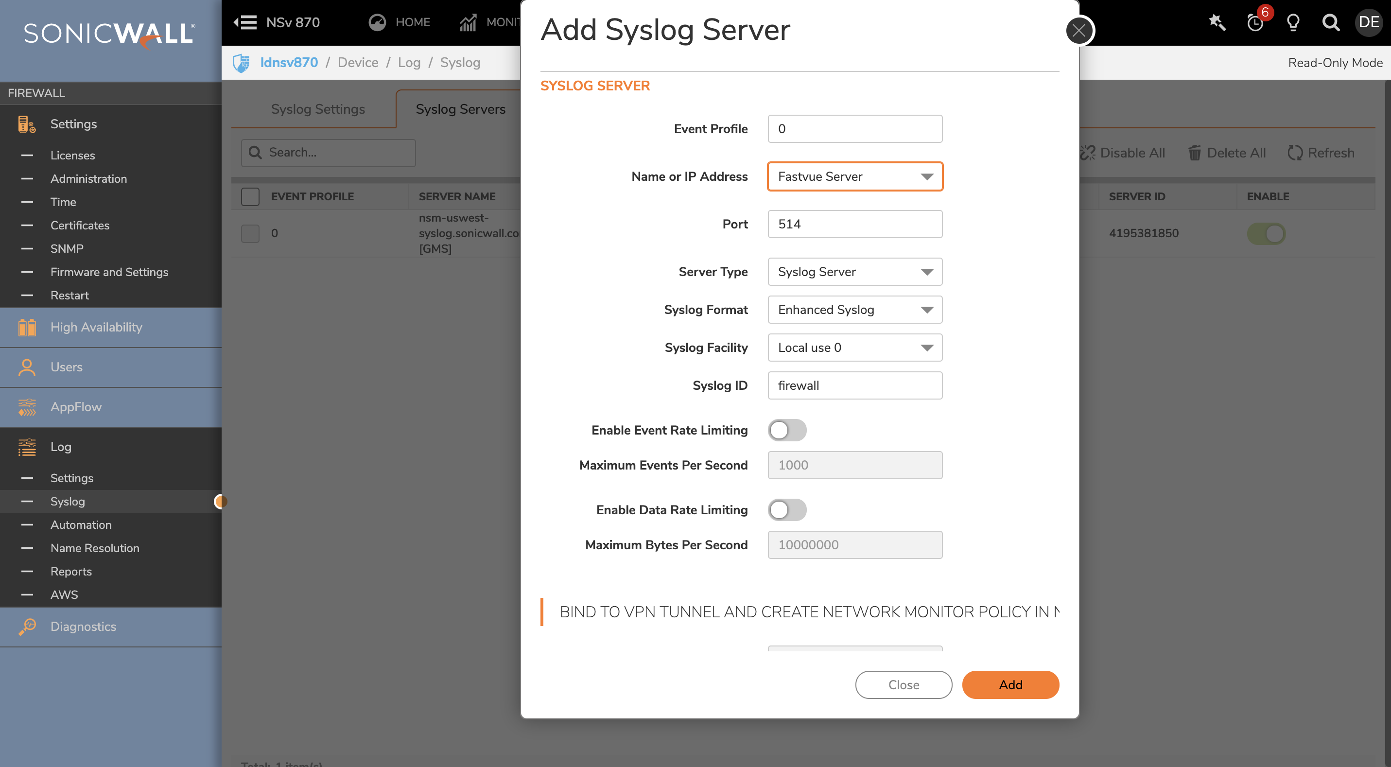 Adding Fastvue Reporter as a Syslog Server in SonicOS 7.0