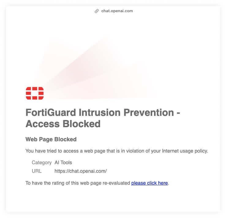 Fortinet FortiGate's Block Page showing the custom AI Tools category