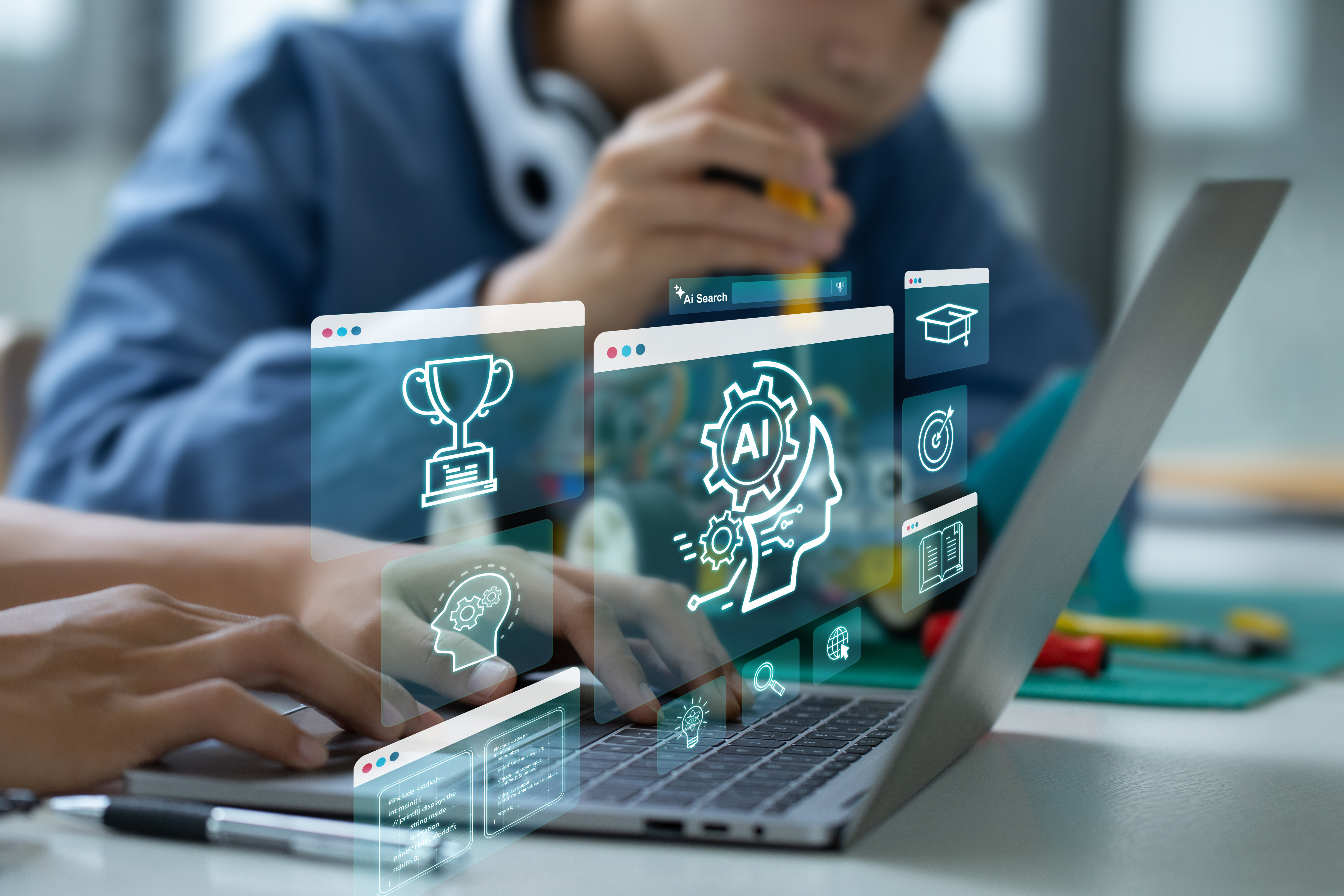 A UK school student working on a computer with graphics showing Ai tool usage