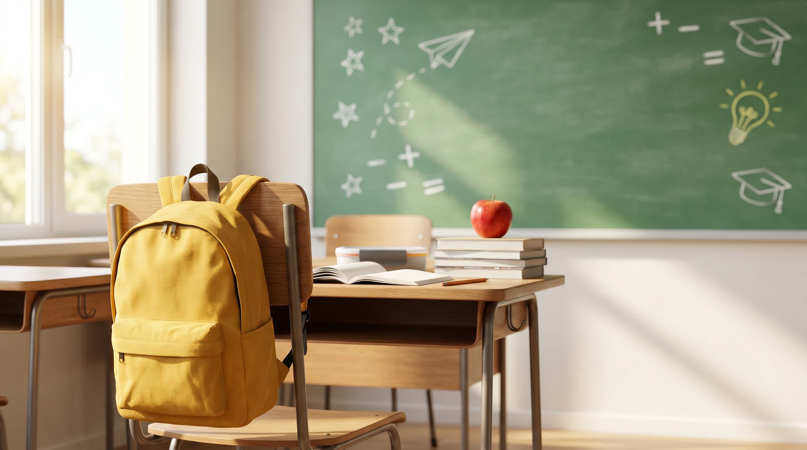 Image of a yellow backpack hanging over the back of a school chair. All the seats in the classroom are empty. Image of a yellow backpack hanging over the back of a school chair. All the seats in the classroom are empty.