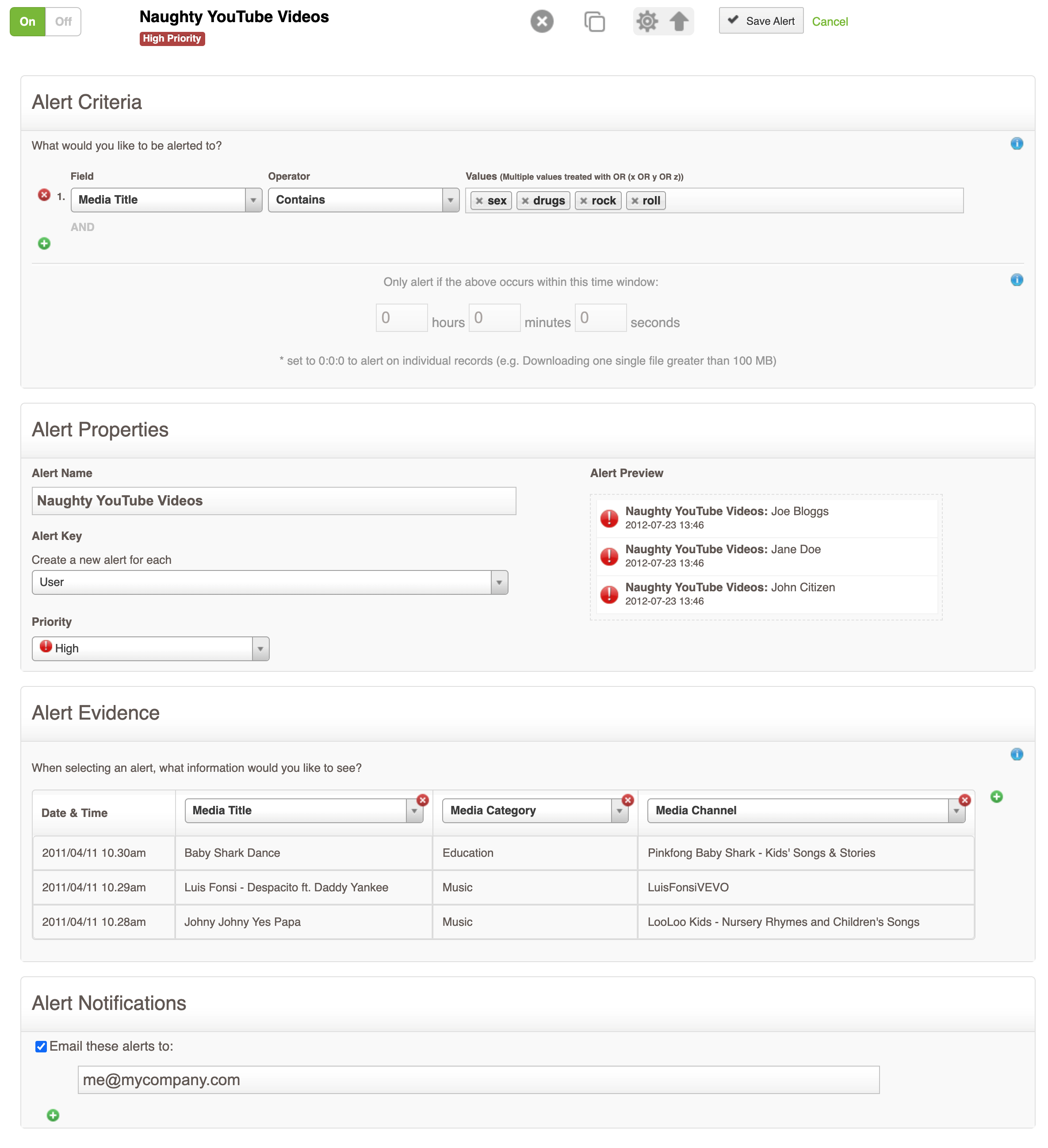 Alerting on YouTube titles