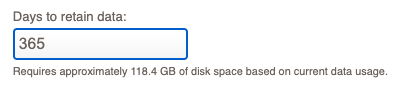 Image of settings for data retention policy (days) in Fastvue Reporter