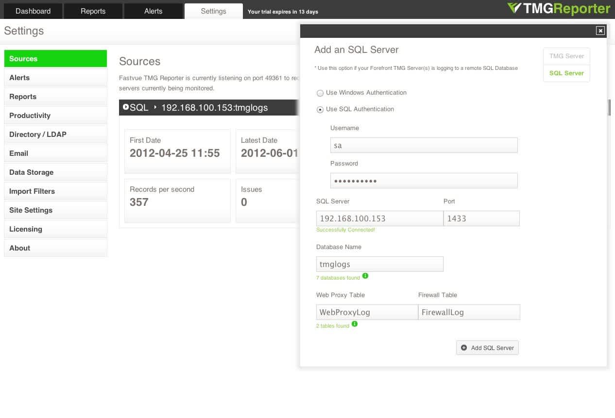 Importing Forefront TMG logs from a Remote SQL Server in Fastvue TMG Reporter