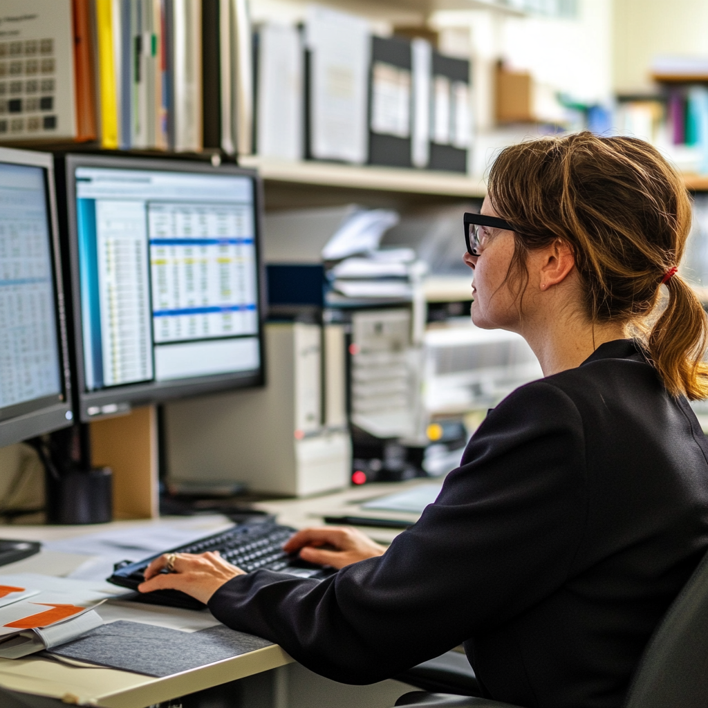 School principal sitting at office desk looking at reports on computer School principal sitting at office desk looking at reports on computer