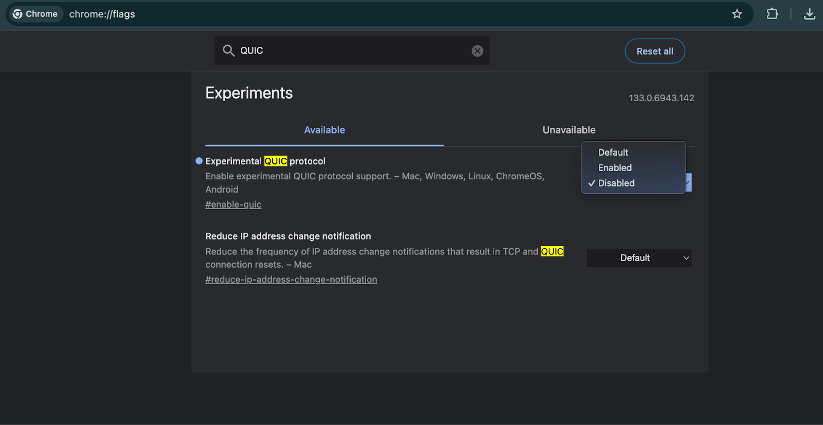 Settings page in Chrome browser showing features to manage and block Google QUIC.